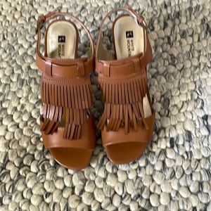 New Leather Sandal, Size 8, 3” heel wrapped in leather, brass buckle to adjust.